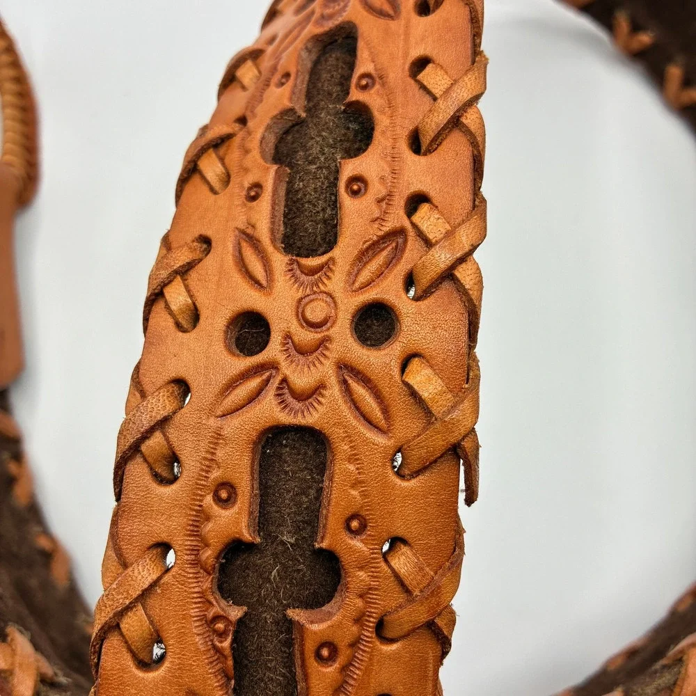 Vintage Hand Tooled Leather Belt Mens 38 Tan Whipstitch Western Boho Cutout